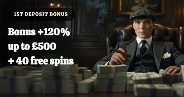Man in suit with cigar surrounded by stacks of cash, 1st deposit bonus up to £500 + 40 free spins