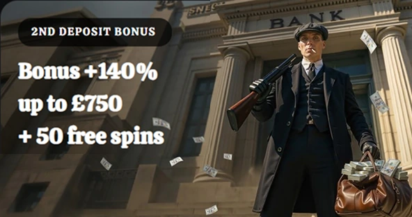Man in vintage suit holding gun and bag with money in front of bank
