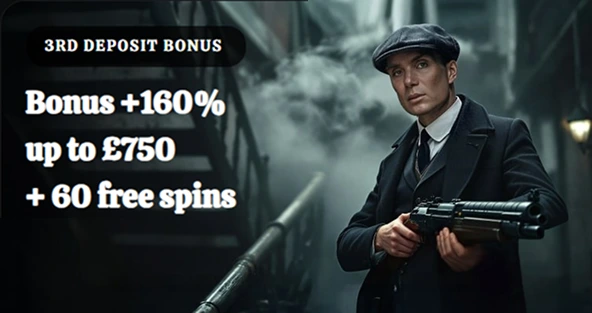 Man in vintage coat holding gun with 3rd deposit bonus banner +160% up to £750