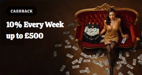 Cashback banner with woman on red couch, money falling, 10% every week up to £500