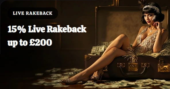 Elegant woman sitting on suitcase filled with cash, text reads 15% Live Rakeback up to £200
