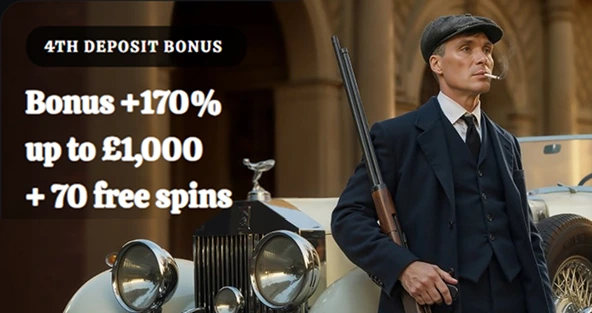 Man in vintage suit holding rifle beside vintage car with 4th deposit bonus offer
