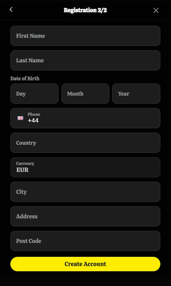 Registration form with first name, last name, date of birth, phone, country, currency, city, address, post code, and create account button