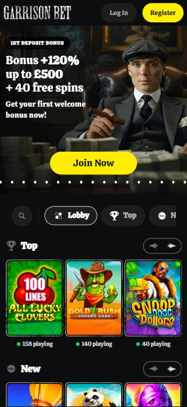 GarrisonBet mobile screen with slots including 100 Lines All Lucky Clovers and Gold Rush