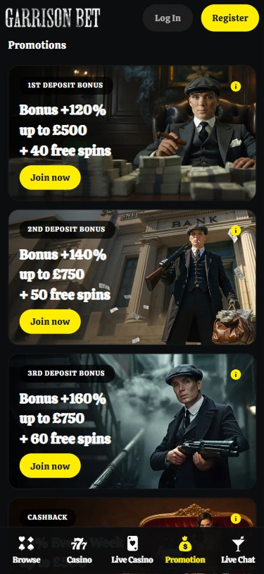 GarrisonBet mobile screen displaying first deposit bonus of 120% up to £500 and 40 free spins
