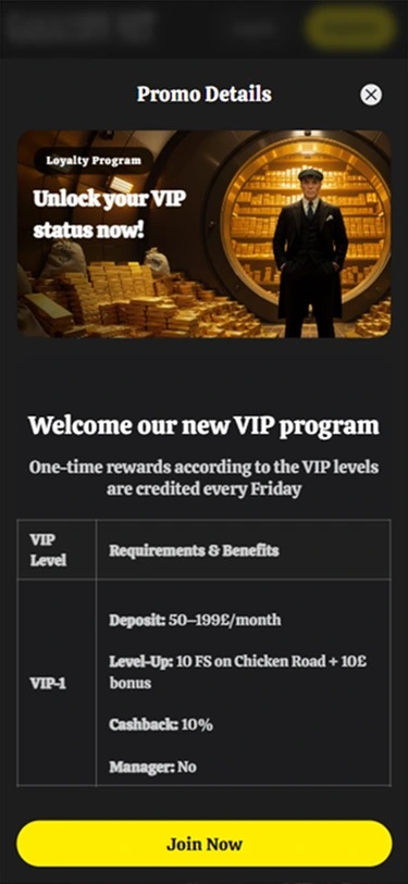 Mobile screen showing GarrisonBet VIP program with gold bars and man in suit