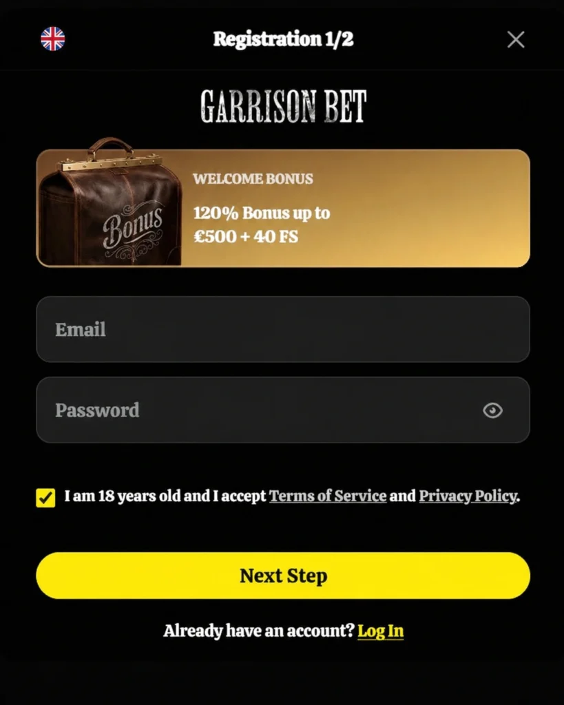 GarrisonBet registration screen with email and password fields, welcome bonus banner